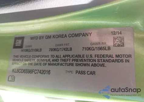 2015 Chevrolet Spark 1Lt Cvt z USA, uszkodzony, nr VIN KL8CD6S98FC742016